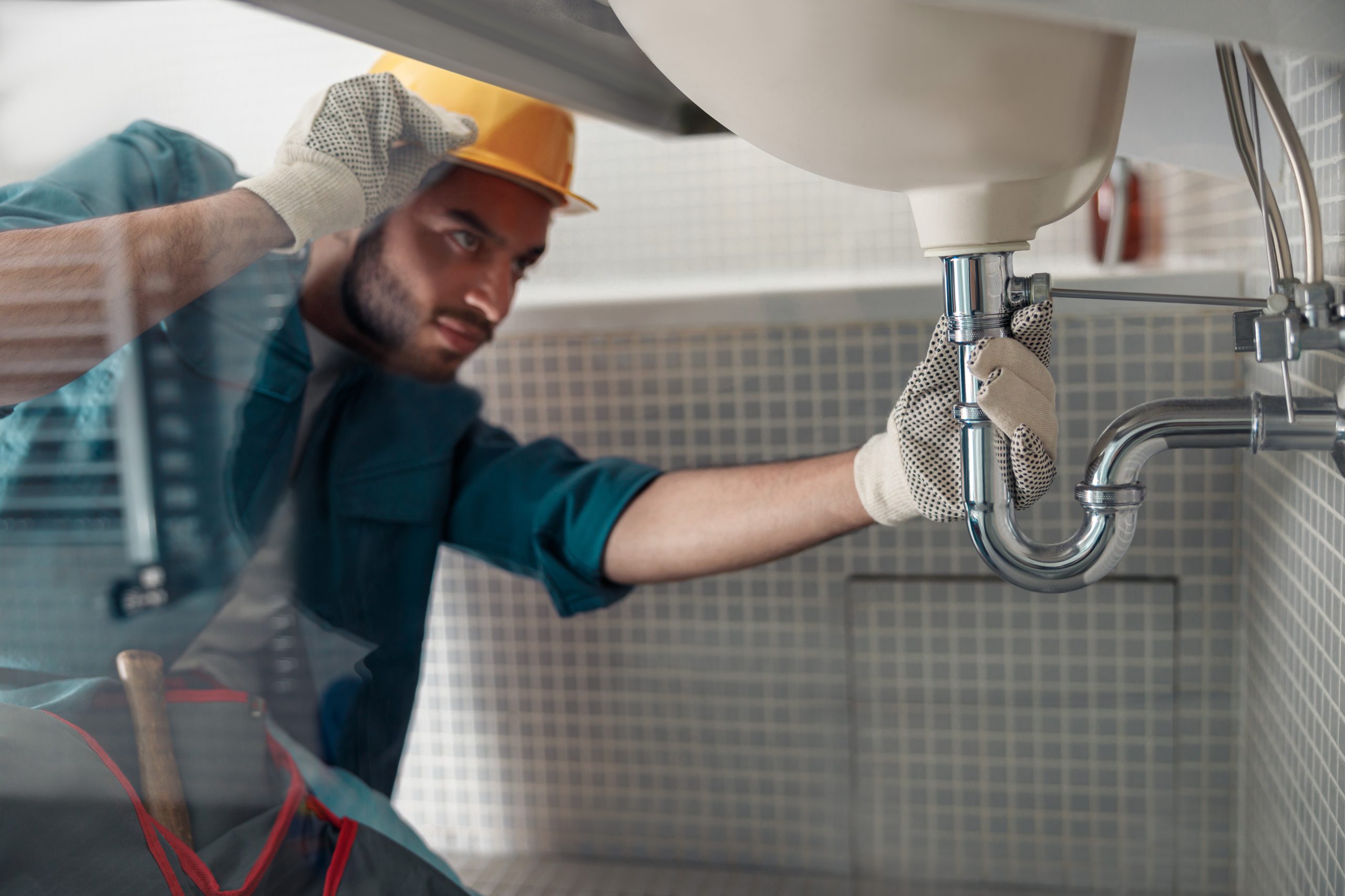 male plumber is repairing faucet of a sink at bathroom. good quality plumbing company service