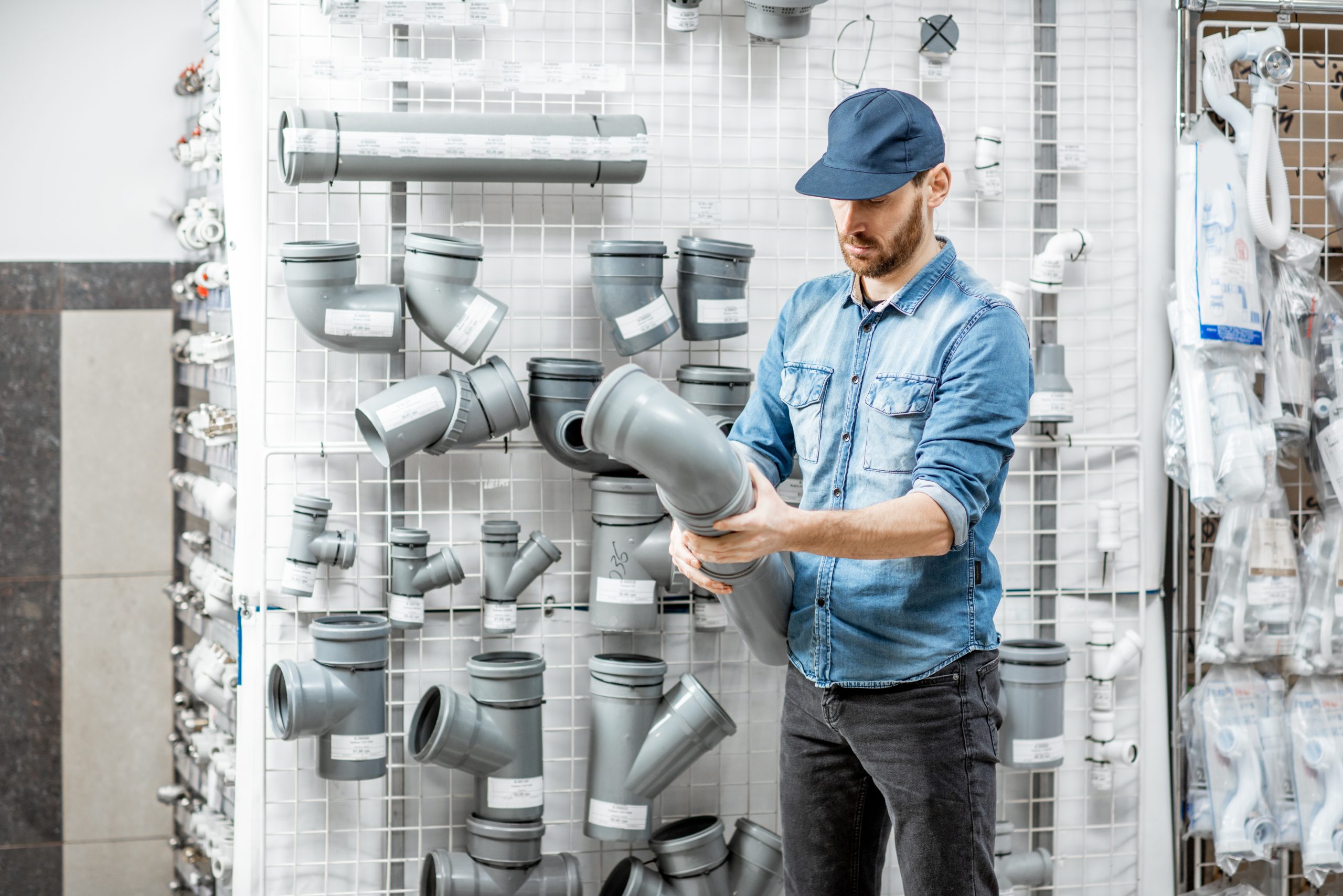 man choosing pipes in the plumbing shop