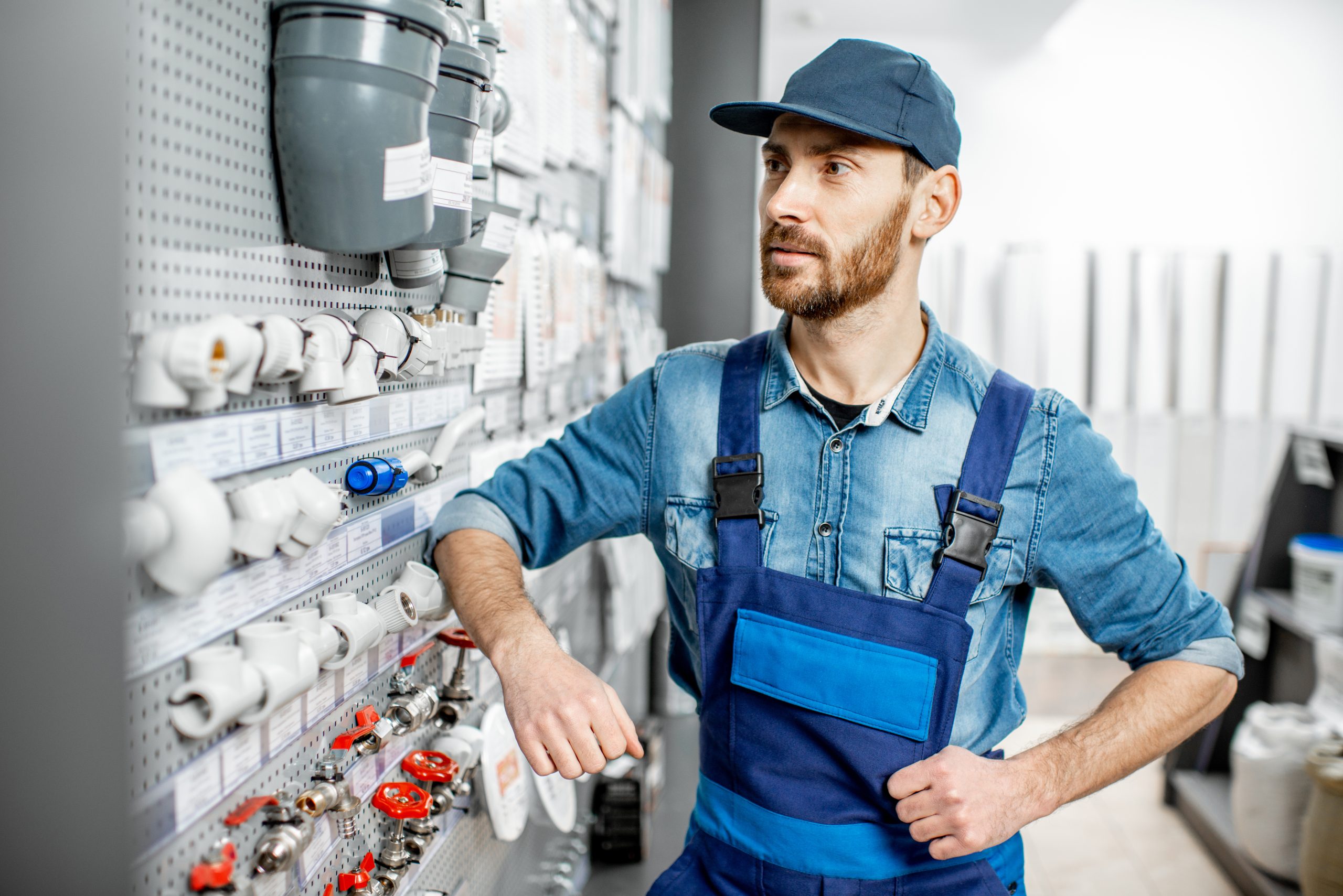 man choosing water pipes in the shop