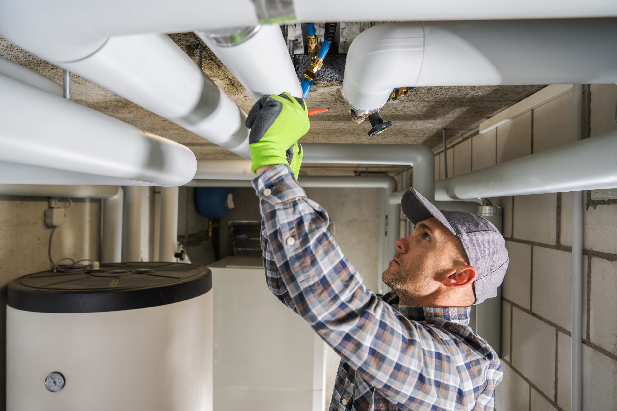 plumbing contractor finishing sanitary pipeline installation